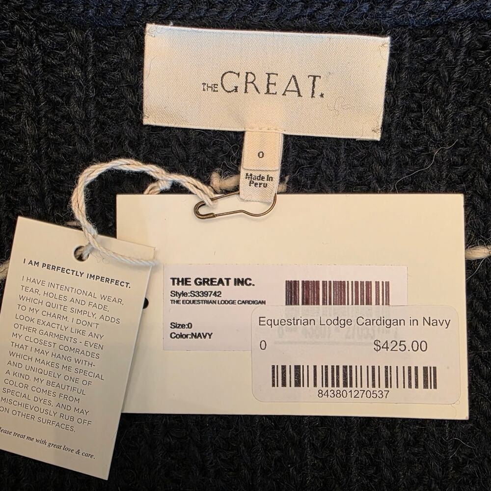 NWT The GREAT Equestrian Lodge Cardigan Navy Chunky Knit SZ 0 Western Prairie - Picture 3 of 7